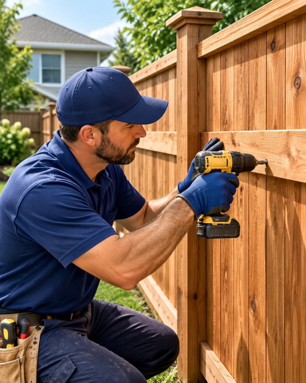 Professional repairing a cedar privacy fence