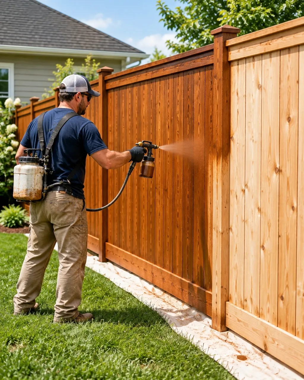 Fence staining in progress in a backyard